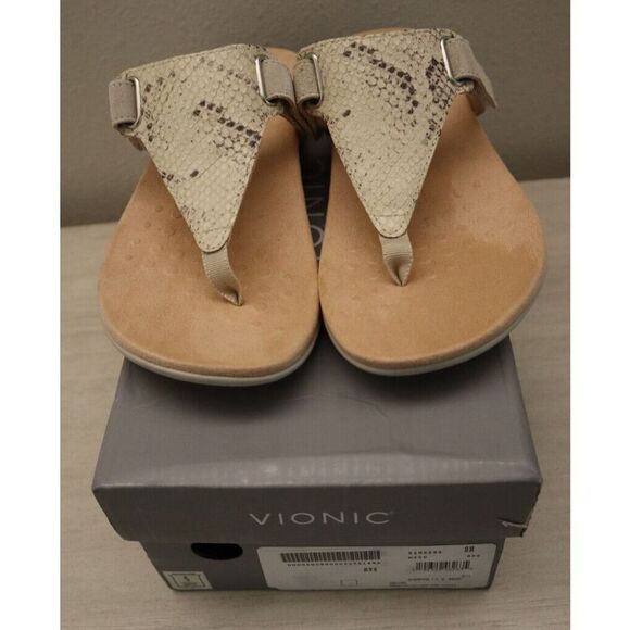 Vionic Women's Sz 7.5M Bone Leather Snake Print Leather T-Strap Sandal $100 - Picture 1 of 10